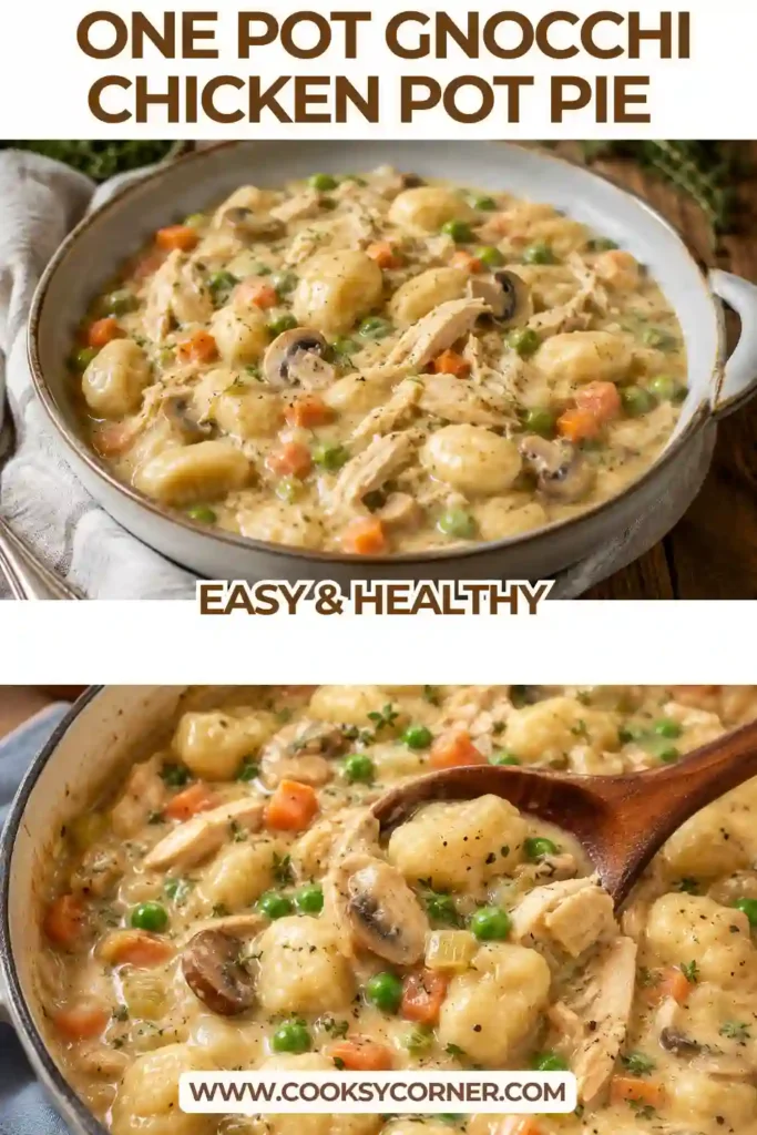 A bowl of creamy chicken gnocchi recipe made with tender chicken, potato gnocchi, peas, carrots, and mushrooms. The thick herb-seasoned sauce gives the dish classic chicken pot pie flavor.