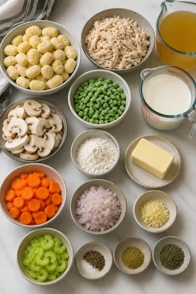 Chicken pot pie with gnocchi in a rich creamy sauce with chicken, carrots, celery, mushrooms, and peas. Soft potato gnocchi replace traditional pie crust for an easy stovetop meal.