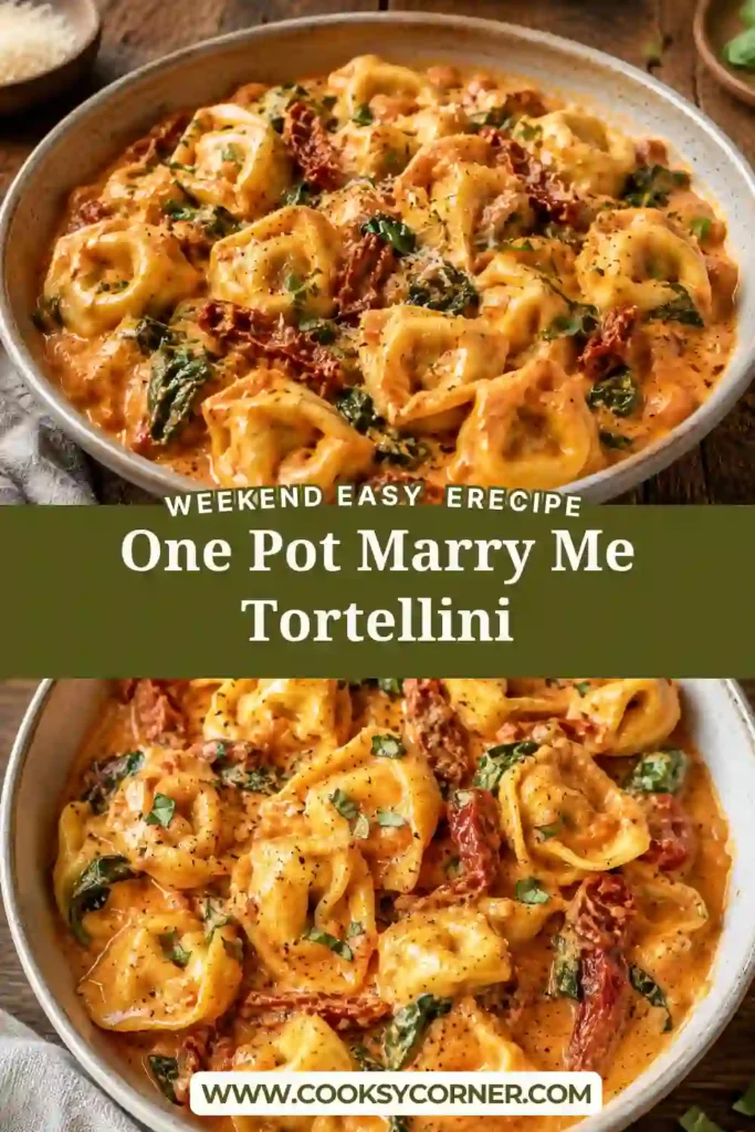One-Pot Marry Me Tortellini served in a bowl with creamy Parmesan sauce, sun-dried tomatoes, basil, and chili flakes. The cheese tortellini is coated in a thick, savory tomato cream sauce.