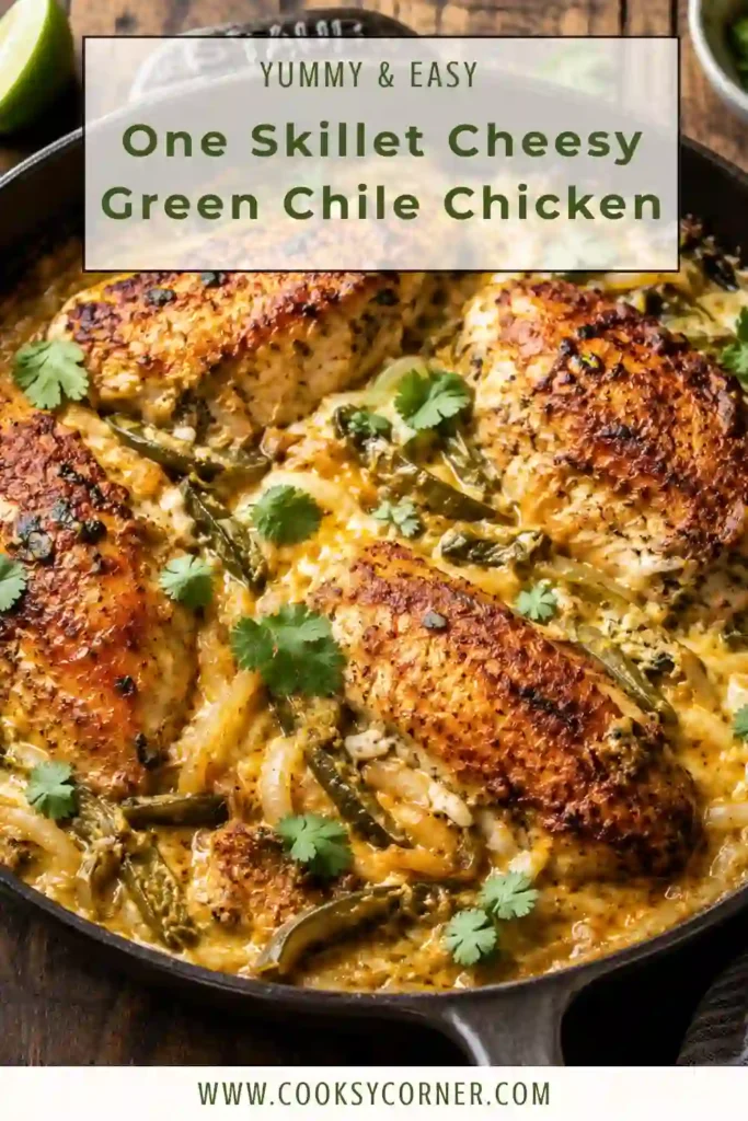 One Skillet Cheesy Green Chile Chicken served in a cast-iron skillet with roasted onions and poblano peppers.