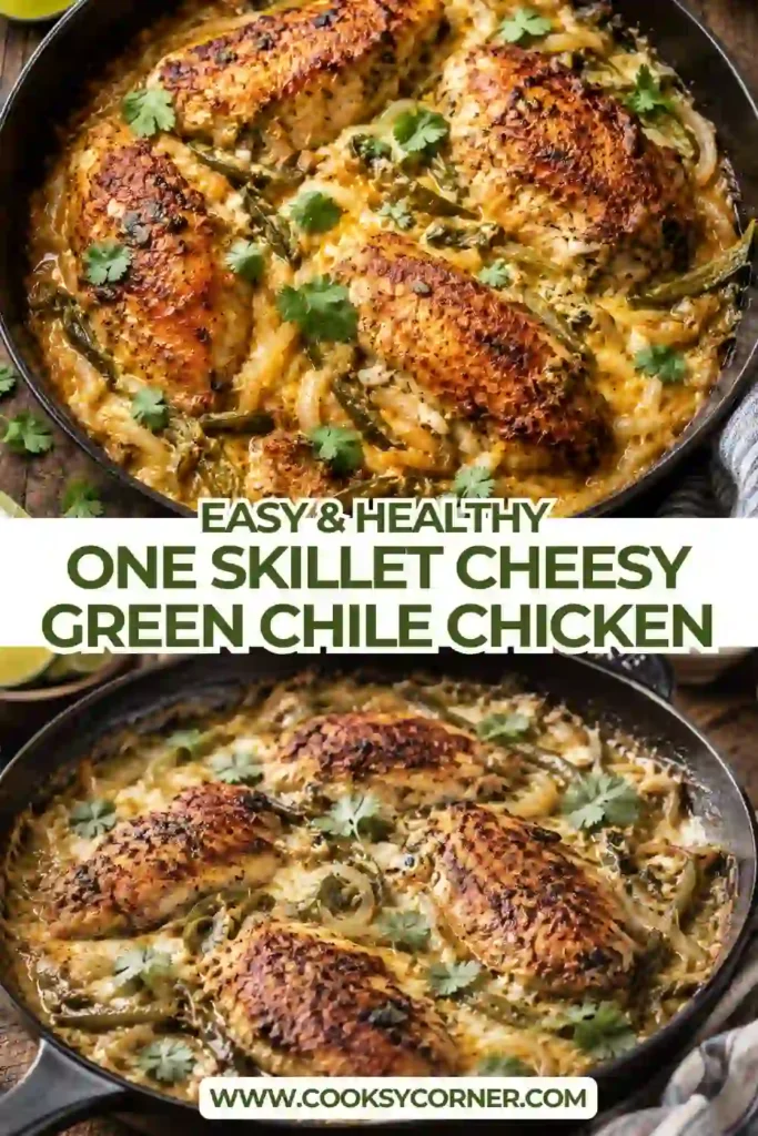 One Skillet Cheesy Green Chile Chicken baked with salsa verde, poblano peppers, onions, and melted pepper jack cheese in a cast-iron skillet.