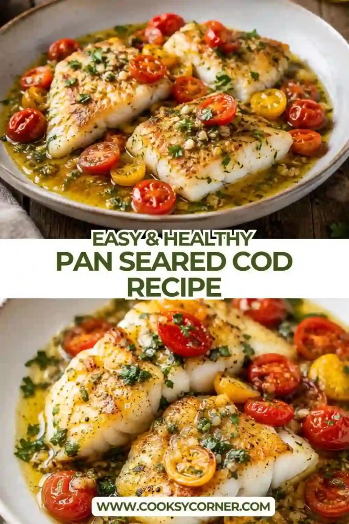 Golden pan-seared cod topped with homemade tomato basil sauce and juicy blistered cherry tomatoes. This easy cod recipe combines flaky white fish with garlic, fresh basil, and bright lemon.