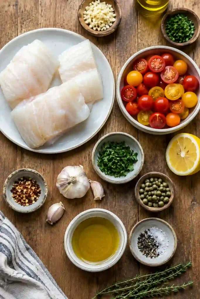 Mediterranean-inspired Pan-Seared Cod Recipe with golden cod fillets and vibrant tomato basil sauce. Fresh basil, cherry tomatoes, garlic, and lemon create a bright and flavorful healthy cod dinner.