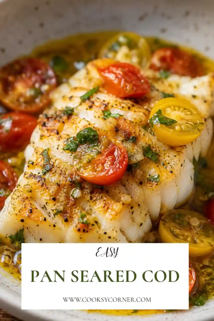 Pan-Seared Cod Recipe served with a fresh tomato basil sauce made with cherry tomatoes, garlic, lemon, and basil. The golden cod fillet is topped with juicy tomatoes and fresh herbs for a colorful seafood dinner.
