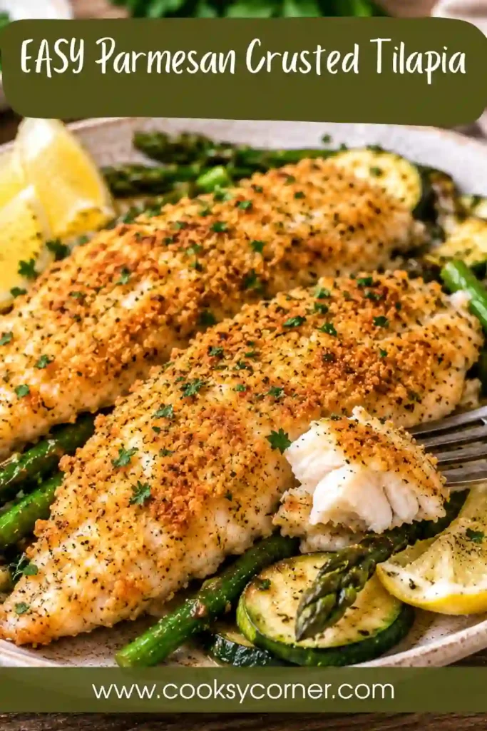 Close-up of crispy Parmesan tilapia with a browned cheese and herb topping. The tender white fish is served with lemon wedges for a quick family-friendly dinner.