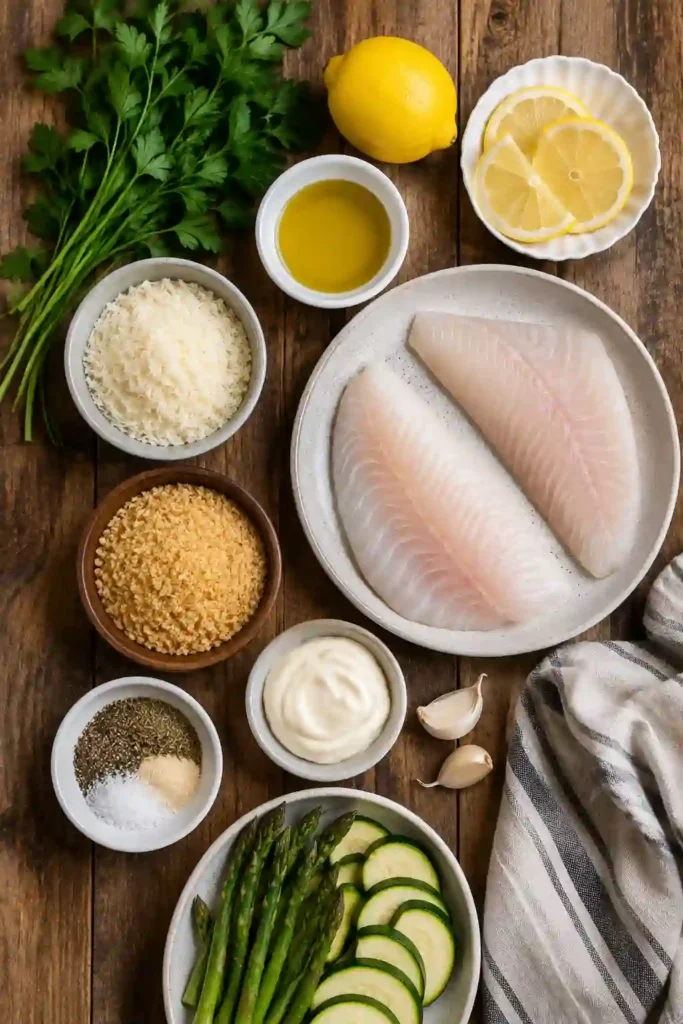 Oven baked Parmesan Crusted Tilapia served hot with green vegetables and fresh lemon. The fish has a flavorful golden Parmesan crust and a moist, flaky center.