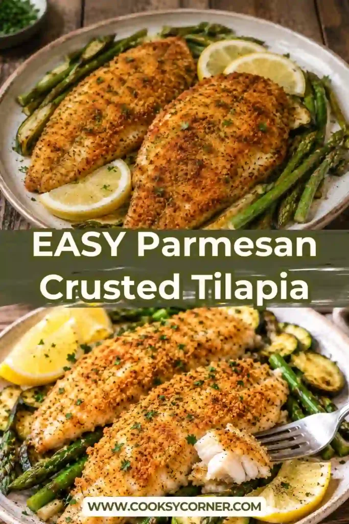Golden Parmesan Crusted Tilapia fillets arranged on a sheet pan with roasted vegetables. This easy baked tilapia recipe has a savory Parmesan, oregano, basil, and paprika crust.