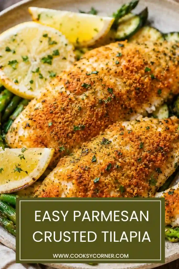 Parmesan Crusted Tilapia baked until tender with a golden Parmesan herb topping. The flaky fish is served with fresh lemon for a simple oven baked tilapia dinner.