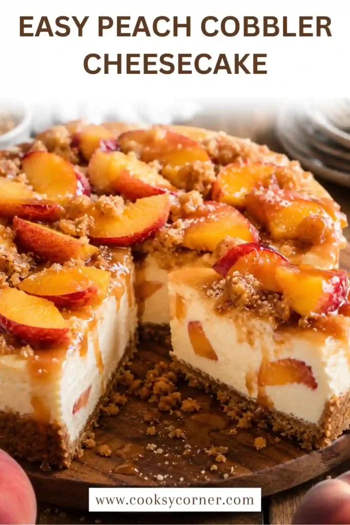 A slice of Peach Cobbler Cheesecake served with whipped cream and roasted peaches.
