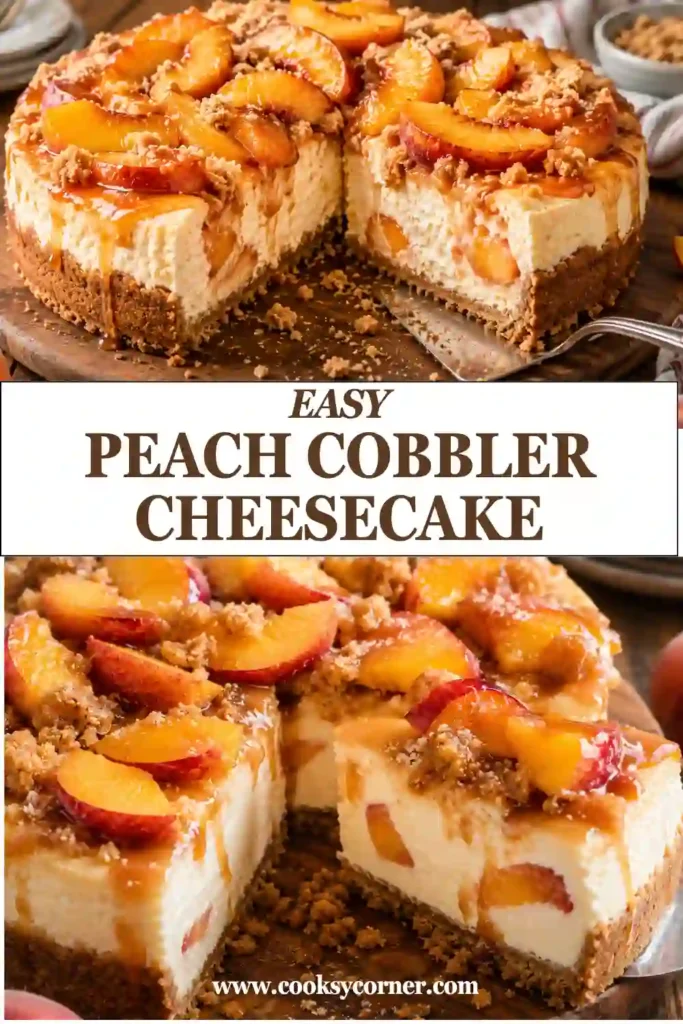 Close-up of Peach Cobbler Cheesecake topped with fresh roasted peaches and crunchy streusel.
