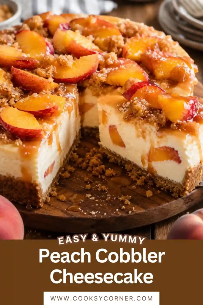 Peach Cobbler Cheesecake topped with roasted peaches and cinnamon streusel on a graham cracker crust.