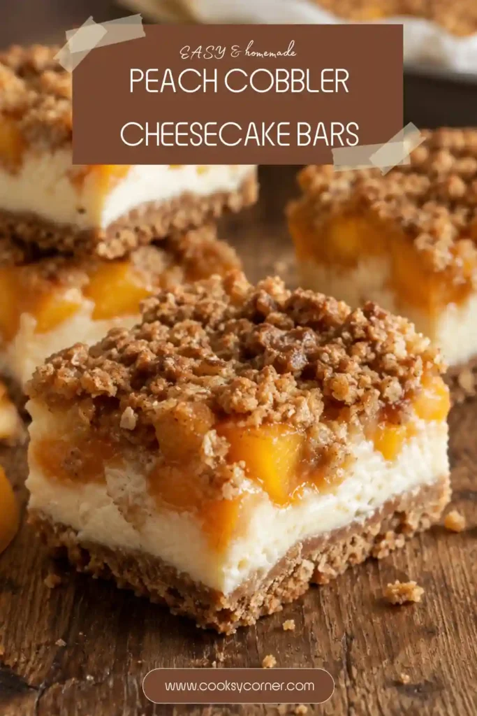 Homemade Peach Cobbler Cheesecake Bars served chilled with visible peach pieces and cinnamon crumble. The creamy cheesecake layer sits over a firm graham cracker crust.