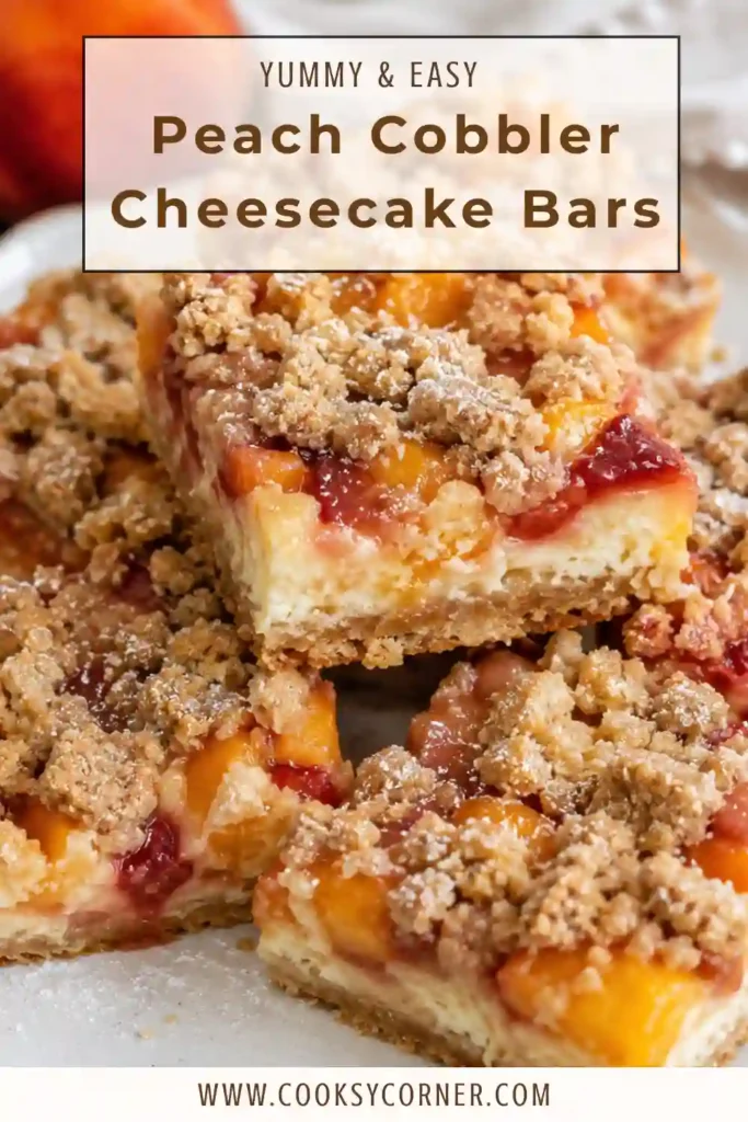 Creamy cheesecake bars with peaches arranged over a graham cracker crust and finished with buttery cinnamon crumble. These peach cobbler bars make a rich and fruity summer peach dessert.