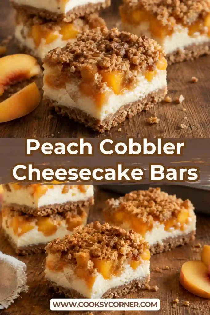 Peach cheesecake bars layered with buttery graham cracker crust, smooth cream cheese filling, juicy peaches, and brown sugar crumble. The top is lightly golden and crisp.