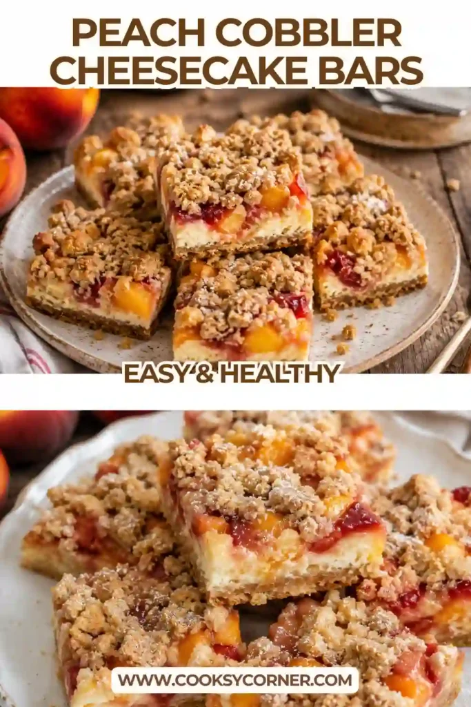 Freshly sliced Peach Cobbler Cheesecake Bars with juicy peaches and a golden cinnamon crumble topping. This easy peach cheesecake combines creamy filling with a buttery graham cracker crust.