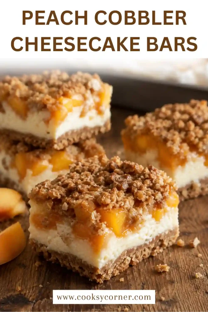 Peach Cobbler Cheesecake Bars with creamy vanilla cheesecake, diced peaches, graham cracker crust, and golden cinnamon crumble. The chilled bars are sliced into neat squares for serving.