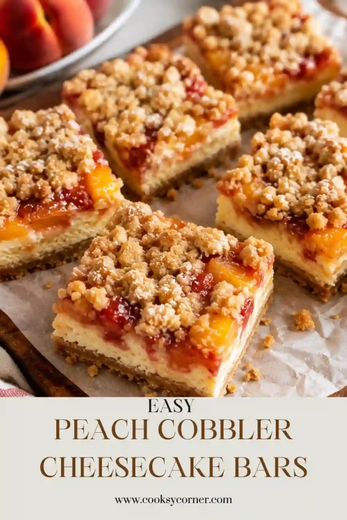 Peach Cobbler Cheesecake Bars layered with a graham cracker crust, creamy cheesecake, diced peaches, and cinnamon crumble. The chilled peach cheesecake bars are sliced into squares for serving.