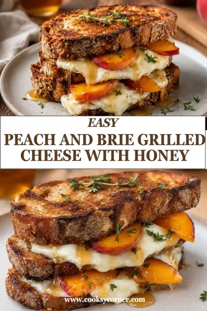 Crispy peach grilled cheese filled with creamy melted Brie and caramelized peach wedges. Golden honey and fresh thyme add sweet and savory flavor to the toasted sourdough sandwich.