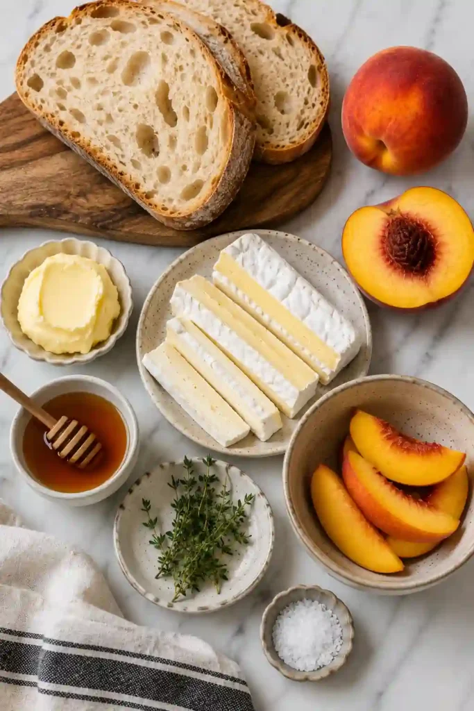 Summer grilled cheese sandwich filled with melted Brie and juicy caramelized peaches. Crisp buttery sourdough, fresh thyme, and amber honey create a rich sweet and savory combination.