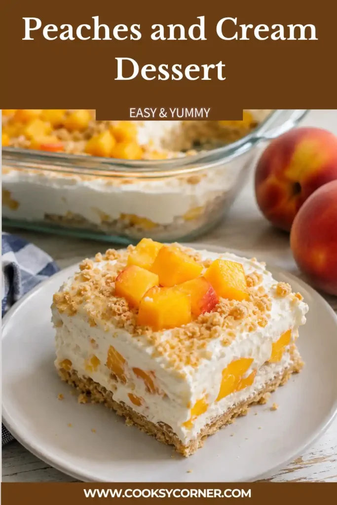 Fresh peach dessert with layers of ripe peaches, whipped cream cheese filling, and buttery graham cracker crumbs. The no-bake dessert is served cold in thick, creamy squares.