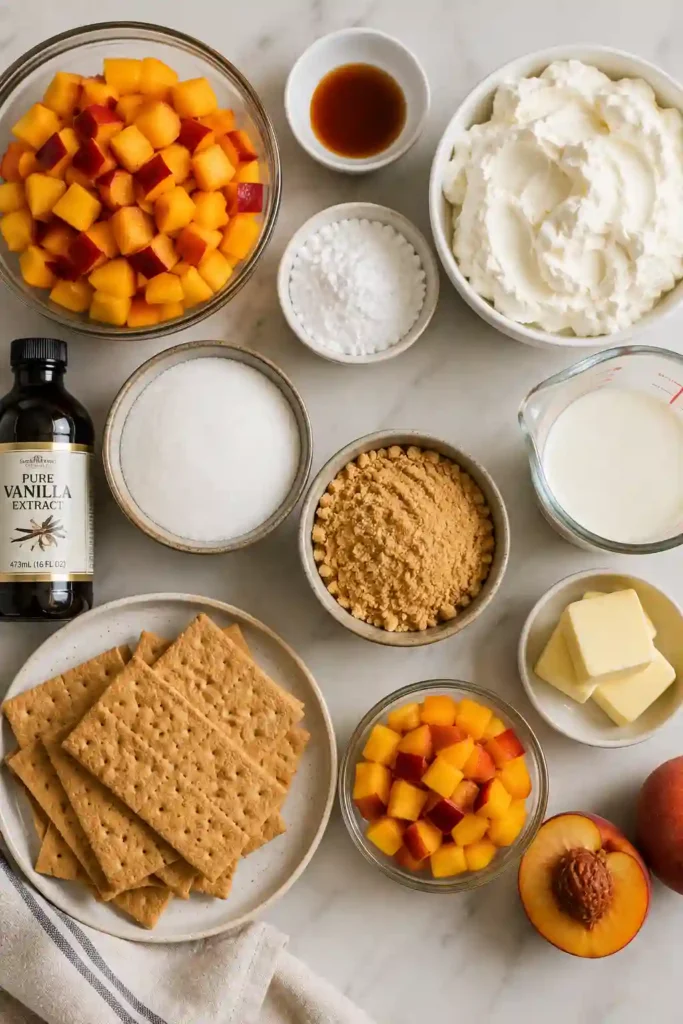 No bake peach dessert made with fresh summer peaches, vanilla cream filling, and a crisp graham cracker base. Graham cracker crumbs cover the top of the creamy layered dessert.