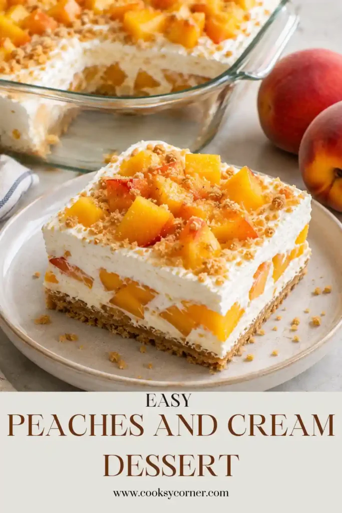 A chilled slice of Peaches and Cream Dessert featuring juicy fresh peaches between creamy filling and a graham cracker crust. The easy summer dessert has soft, creamy layers and a golden crumb topping.
