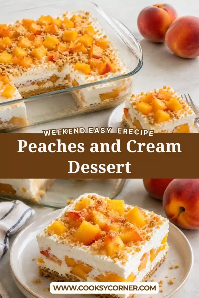 Peaches and Cream Dessert layered with fresh sliced peaches, fluffy cream cheese filling, and a buttery graham cracker crust. This chilled no bake peach dessert is topped with golden graham cracker crumbs.