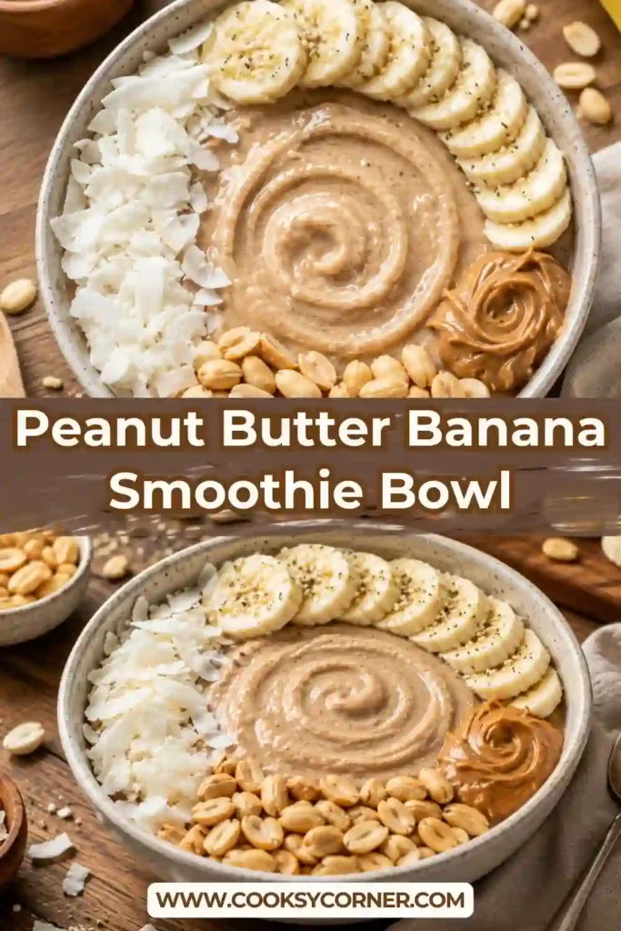 Close-up of a Peanut Butter Banana Smoothie Bowl garnished with banana slices, granola, coconut flakes, and chia seeds in a ceramic bowl.
