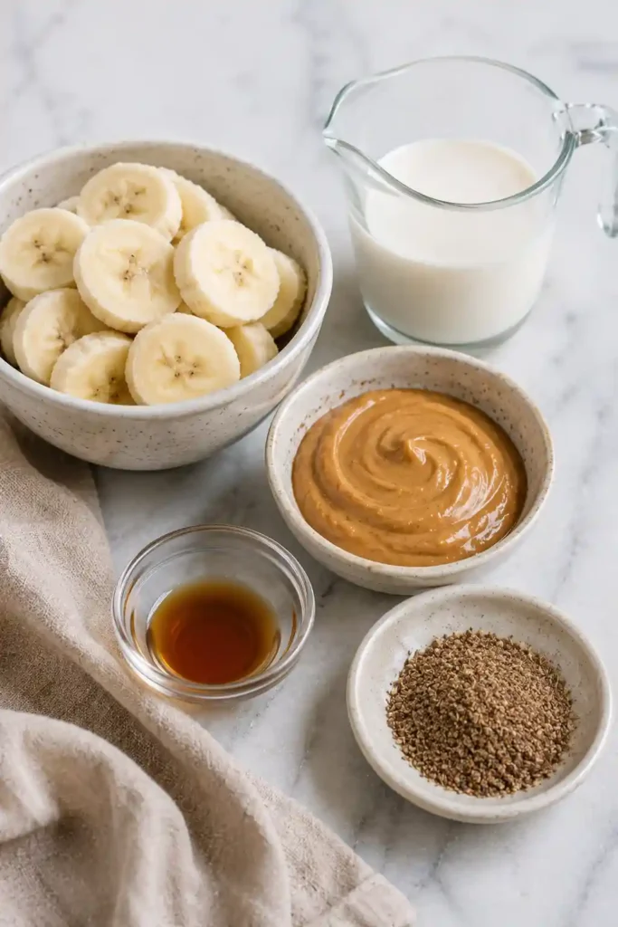 A beautifully styled Peanut Butter Banana Smoothie Bowl topped with banana slices, granola, peanut butter drizzle, and chia seeds in natural morning light.