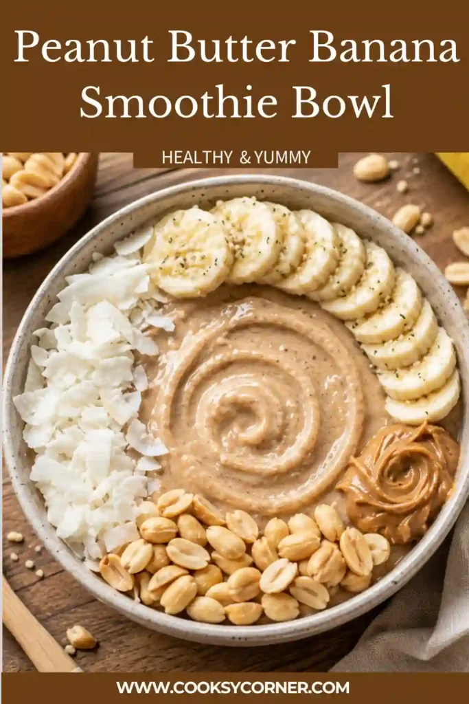 A creamy Peanut Butter Banana Smoothie Bowl topped with banana slices, granola, chia seeds, chopped peanuts, and a drizzle of peanut butter. This healthy vegan breakfast is thick, refreshing, and naturally sweet.