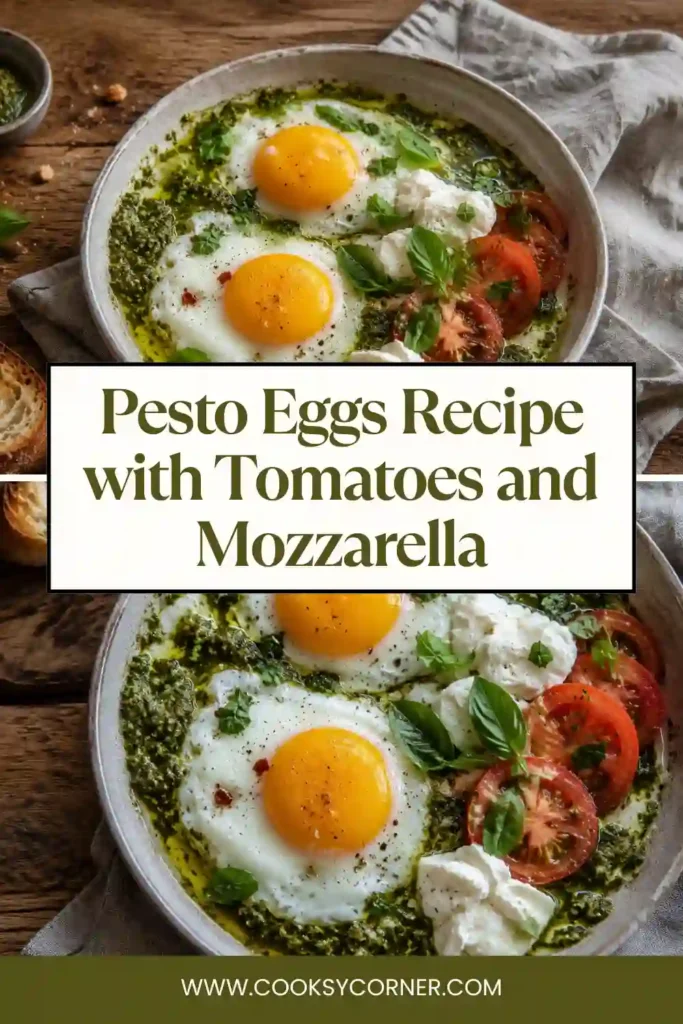 Pesto eggs with tomatoes and mozzarella arranged over crisp toast. Warm basil pesto coats the eggs and adds rich green color and savory herb flavor.