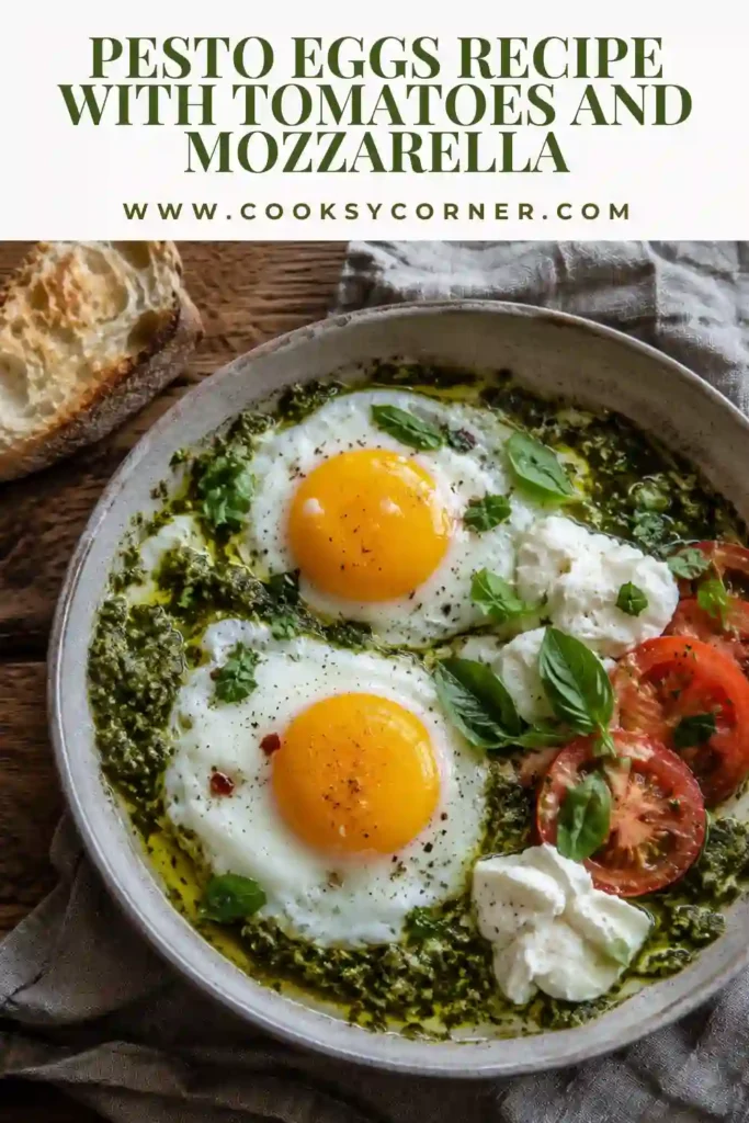 Basil pesto eggs served with juicy sliced tomatoes and creamy fresh mozzarella on toasted bread. The egg whites are set while the yolks remain soft and golden.