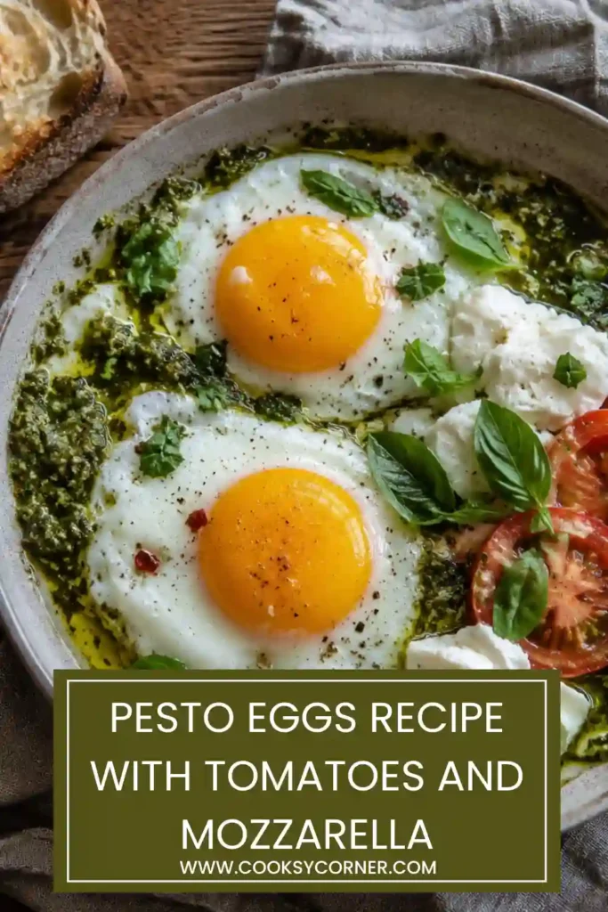 Pesto Eggs Recipe with soft eggs cooked in basil pesto and served over toast with fresh tomato and mozzarella. Red pepper flakes add color and gentle heat.