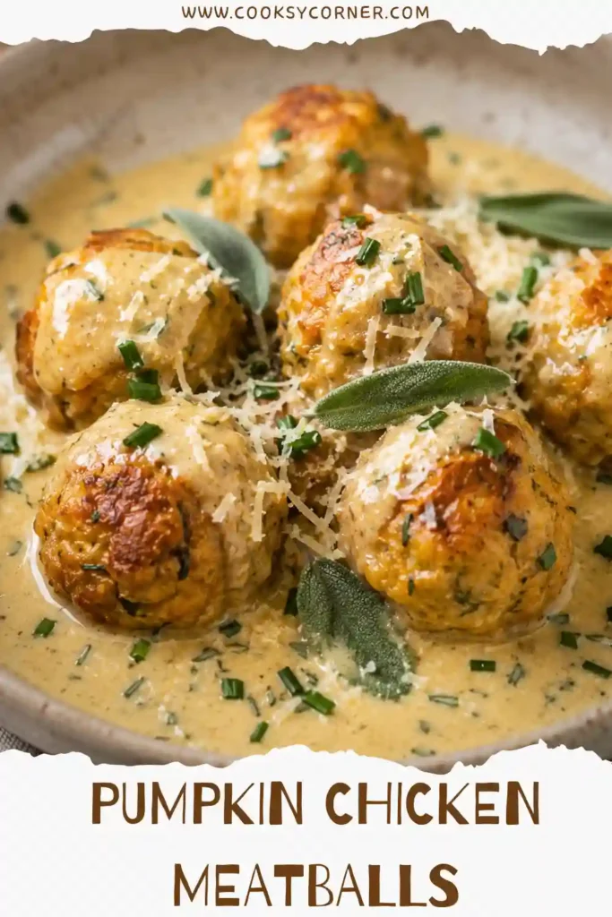 Creamy chicken meatballs made with pumpkin puree and served in a skillet of Parmesan sage cream sauce. Fresh sage adds an aromatic finish to this cozy fall chicken dinner.