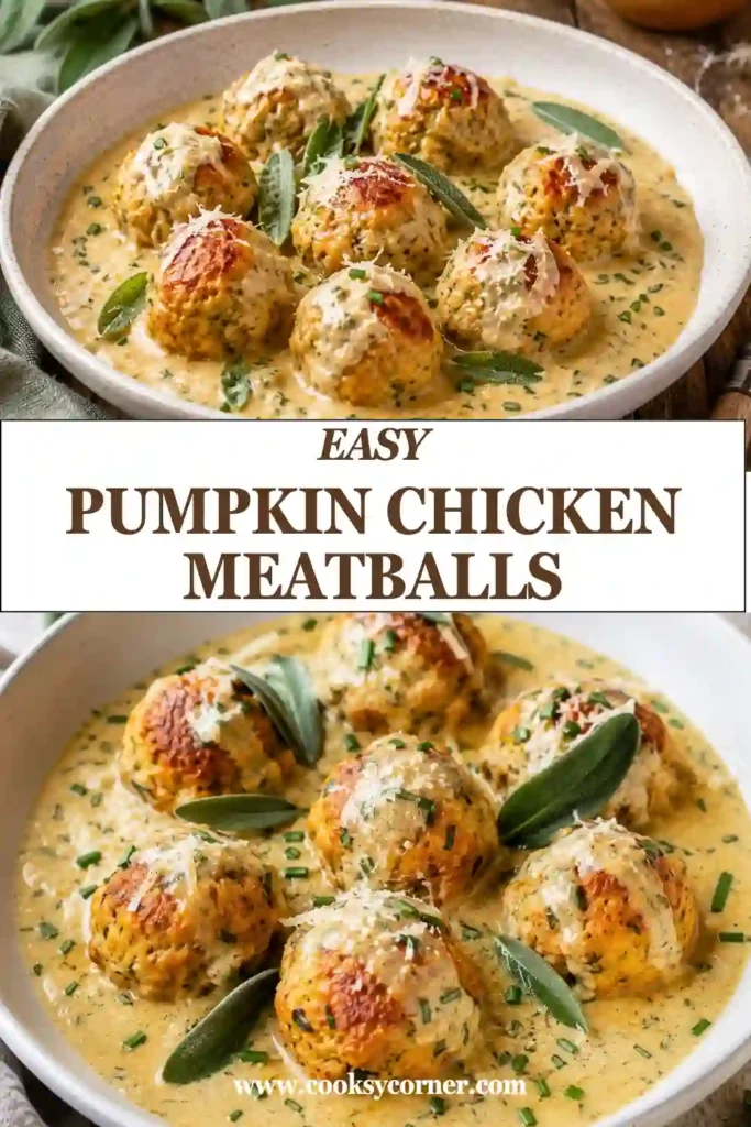 Homemade pumpkin chicken meatballs coated in rich sage cream sauce and topped with grated Parmesan. This savory pumpkin meatball recipe combines chicken, pumpkin, garlic, and fresh sage.