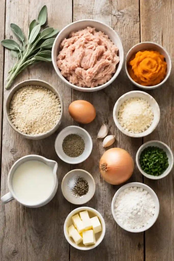 Golden pumpkin chicken meatballs covered with creamy garlic and sage sauce. The savory meatballs are finished with Parmesan and fresh sage for a comforting family meal.