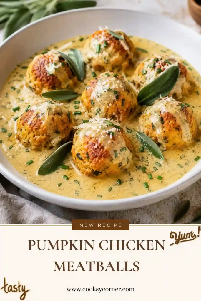 Pumpkin chicken meatballs served in a creamy sage sauce with Parmesan and fresh herbs. The tender baked chicken meatballs make a comforting fall dinner.
