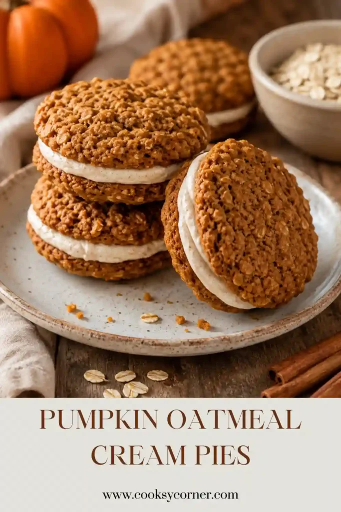 Soft pumpkin oatmeal cookies sandwiched with smooth cream cheese filling. These Pumpkin Oatmeal Cream Pies are a cozy fall cookie recipe made with real pumpkin and rolled oats.
