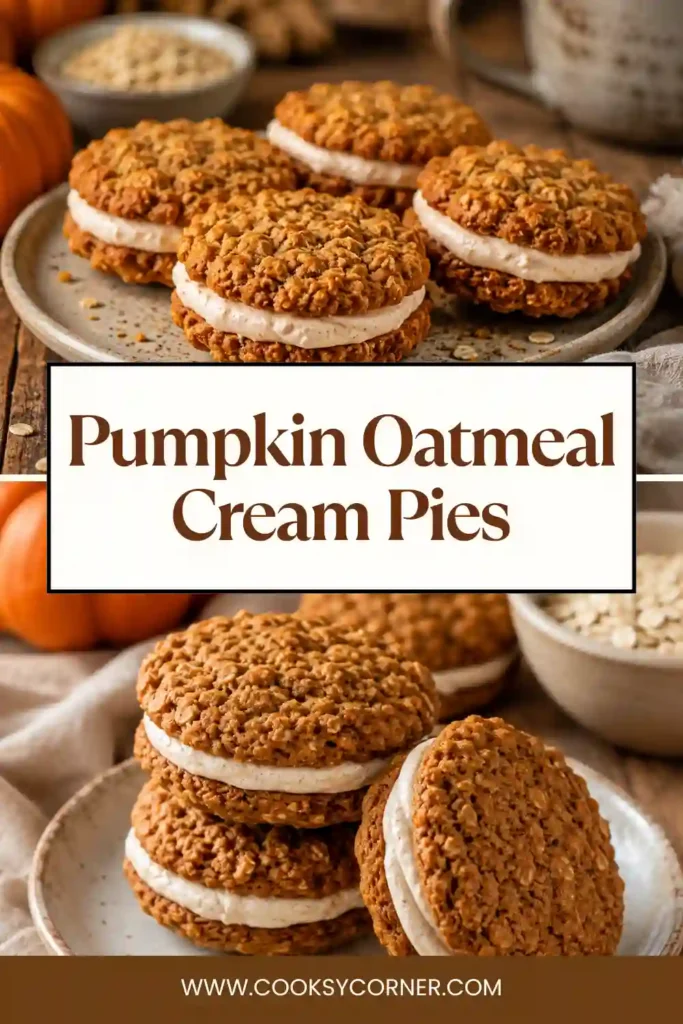 Pumpkin Oatmeal Cream Pies stacked to show soft oatmeal cookies and creamy pumpkin spice filling. These homemade oatmeal sandwich cookies combine pumpkin, cinnamon, oats, and cream cheese.