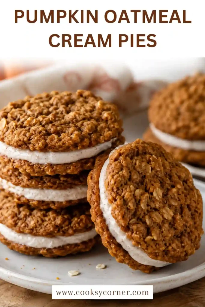 Homemade Pumpkin Oatmeal Cream Pies filled with thick vanilla-spiced cream cheese filling. The soft pumpkin oatmeal cookies have a chewy texture and warm fall spices.