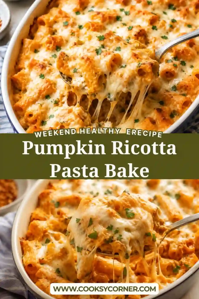 Freshly baked Pumpkin Ricotta Pasta Bake with golden melted cheese and creamy pumpkin sauce. Rigatoni, ricotta and spinach create a cozy fall pasta recipe.