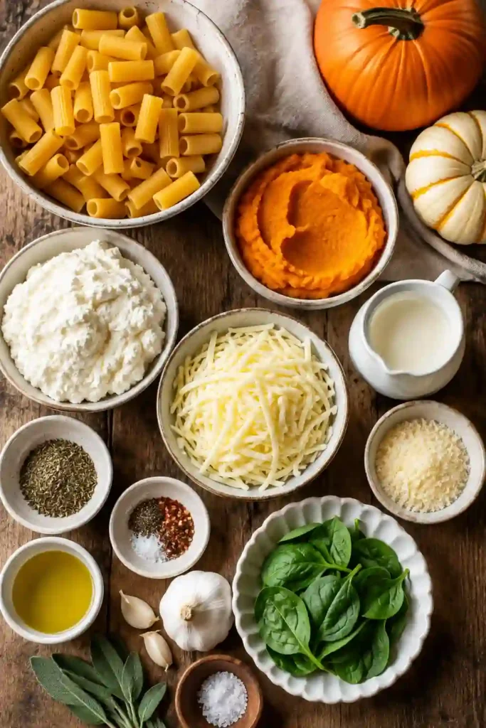 A serving of creamy Pumpkin Ricotta Pasta Bake filled with spinach and tender pasta. Melted mozzarella and Parmesan cover the savory pumpkin ricotta pasta.