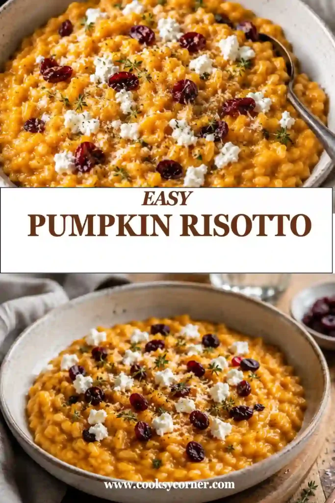 A bowl of creamy pumpkin risotto made with Arborio rice, pumpkin puree, Parmesan, thyme, and nutmeg. Goat cheese and dried cranberries create a colorful sweet and savory topping.