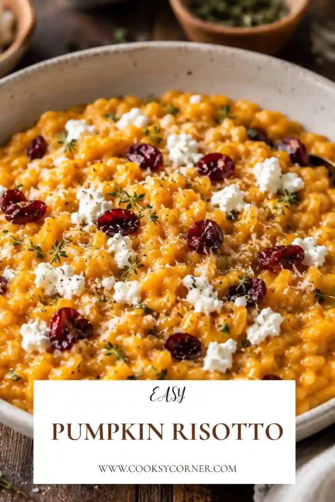 Freshly cooked Pumpkin Risotto with Parmesan, pumpkin puree, goat cheese, parsley, and dried cranberries. The creamy fall risotto has tender rice and a smooth, comforting texture.