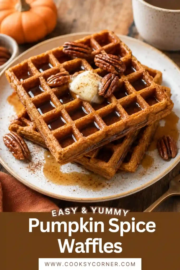Homemade Pumpkin Spice Waffles with crispy golden edges, maple pecan topping, and warm fall spices. The waffles are stacked and finished with rich maple syrup for an inviting autumn breakfast.