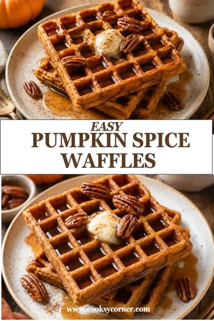 Fluffy pumpkin waffles topped with toasted pecans and maple syrup for a cozy fall breakfast. Real pumpkin puree and warm spices give the waffles a beautiful golden-orange color.