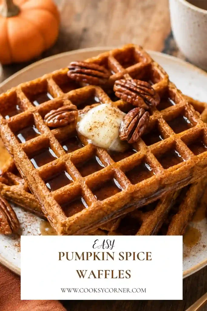 Pumpkin Spice Waffles stacked on a breakfast plate with warm maple syrup and toasted pecans. The golden pumpkin waffles have crisp edges and fluffy centers with cozy cinnamon and pumpkin spice flavor.