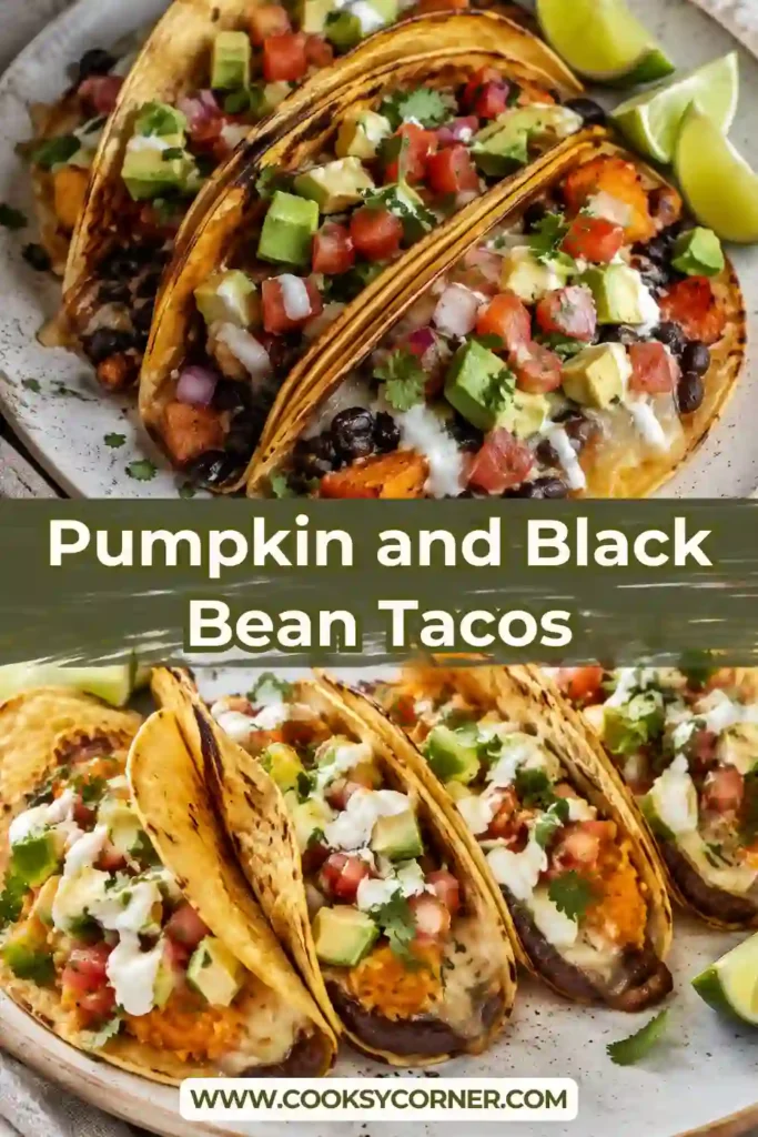 Crispy vegetarian pumpkin tacos with savory pumpkin puree, black beans, and melted pepper jack cheese. These golden corn tortilla tacos make a simple and comforting fall dinner.`