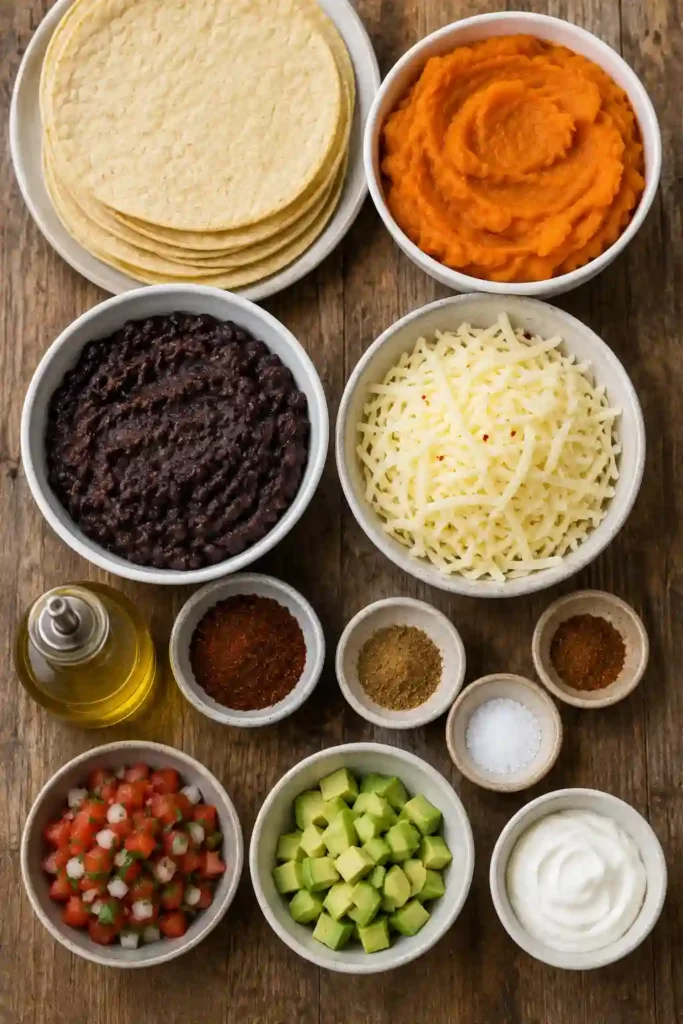 Golden black bean tacos filled with creamy pumpkin, warm spices, and melted cheese. Fresh avocado, pico de gallo, and salsa add color and freshness to the finished tacos.