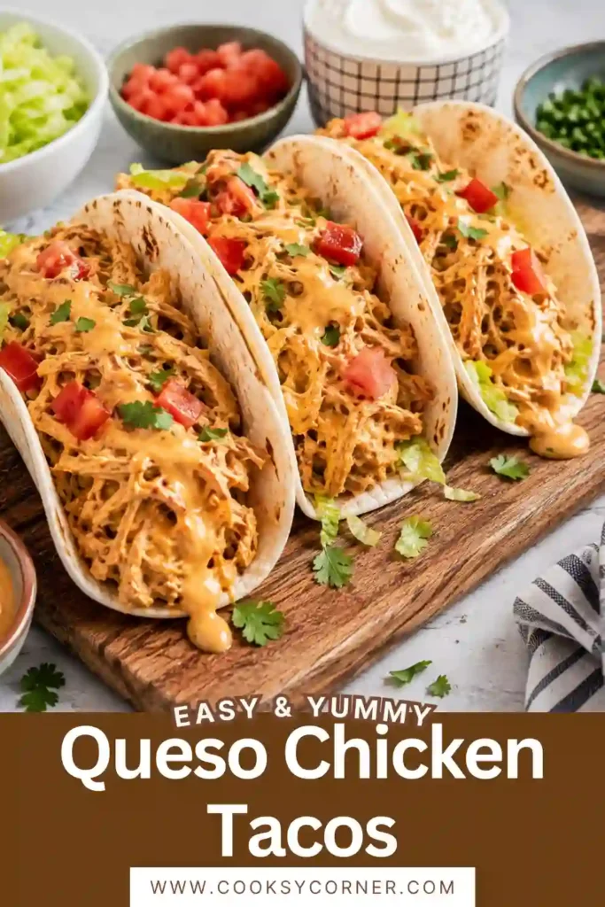 Cheesy chicken tacos filled with slow-cooked seasoned chicken and creamy queso sauce. Fresh lettuce, diced tomatoes, cilantro, and sour cream add color and texture.